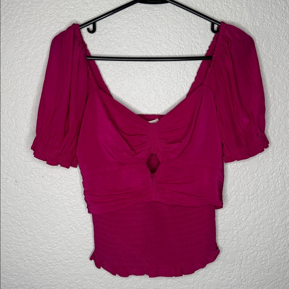 Ramy Brook Pink Satin Cut Out Smocked Top Feminine Glam Party Festival Coquette - Picture 3 of 8